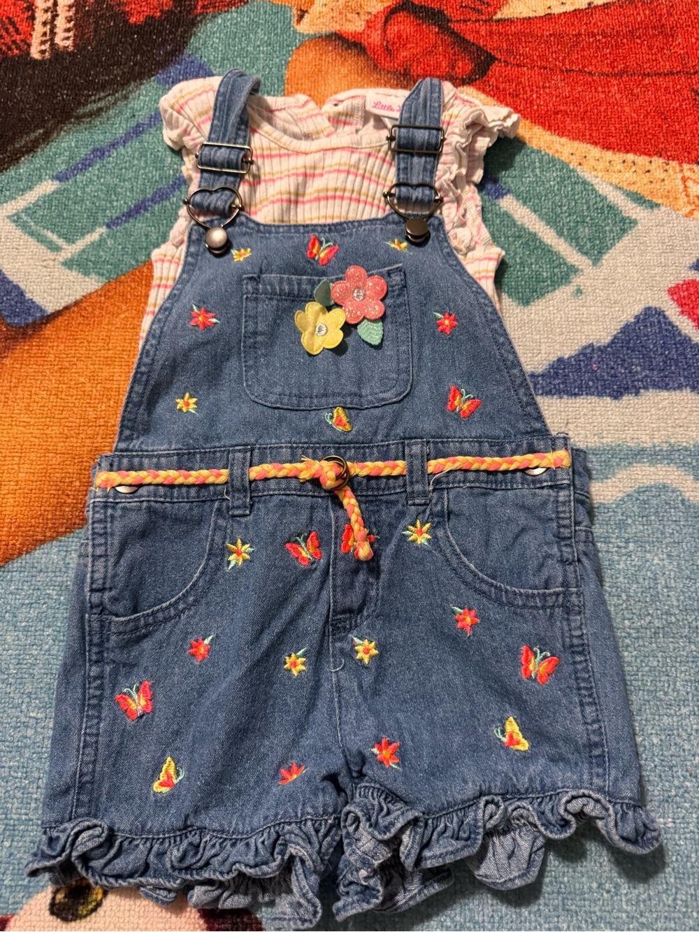 Little Lass Denim Shortall with Butterfly & Flower Embroidery
